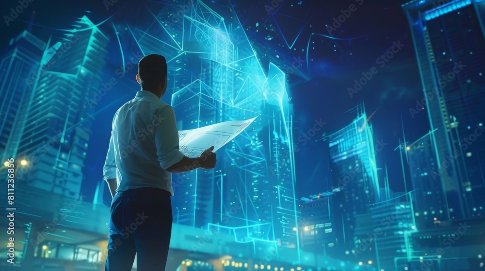 Poster an architect examining blueprints and plans for a high-rise building project, envisioning the future