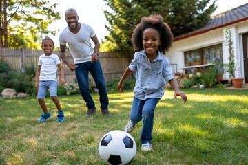 A man and two children happily playing with a soccer ball in a park, A happy family of three playing a friendly game of soccer in the backyard