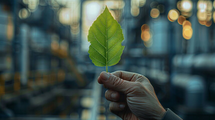 A businessman holding a leaf with a factory in the background. Generative AI.