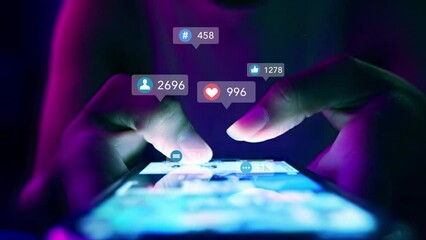 business woman using smartphone ,icons social media fly over showing people engagement connection through social network application platform,Concept viral video and social media marketing - Powered by Adobe