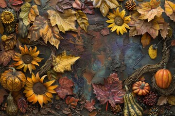 Artwork showcasing vibrant autumn leaves, pumpkins, and gourds in a harvest-inspired scene, A harvest-inspired art piece featuring colorful leaves, sunflowers, and gourds