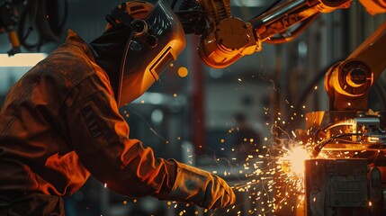 Industrial scene in steel factory, welder at work with sparks. Skilled job requiring manual dexterity and safety, intense light and heat in workshop..