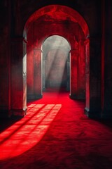 Naklejka premium A red carpet in a hallway with archways and sunlight, AI