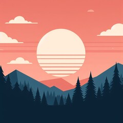 Illustration of a simple landscape with mountains, sun, and trees - Minimalist landscape poster