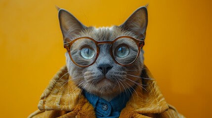 Whimsical Cat in Glasses and Yellow Jacket Against Orange Background