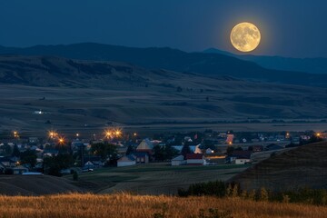 Fototapeta na wymiar A full moon illuminates a distant town as it rises in the night sky, A harvest moon shining brightly over a sleepy town