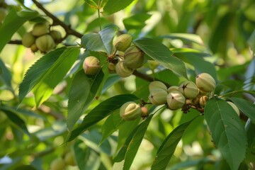 Ohio Buckeye Tree - Leaves and Fruit in Summer Outdoors Environment, Wisconsin, Nut and Seeds - obrazy, fototapety, plakaty