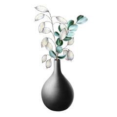 Black antique ceramic vase with eucalyptus and lunaria branches. Watercolor hand drawn clay pot isolated on background. Minimalistic illustration, for interior, designers, invitations, decorati