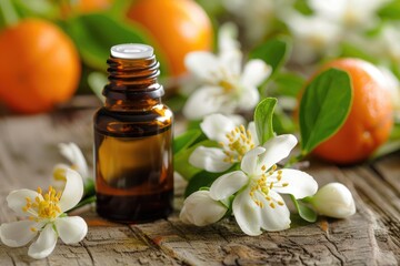 Pure Neroli Essential Oil in Brown Glass Bottle with Fresh White Blossoms and Green Leaves