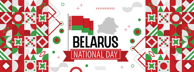 Belarus national day banner with map, flag colors theme background and geometric abstract retro modern colorfull design