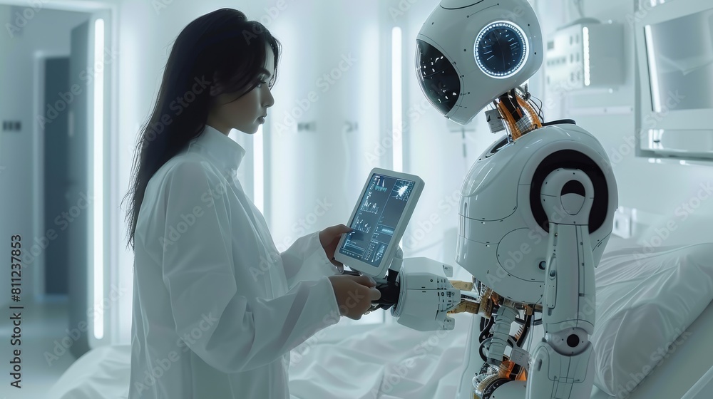 Aufkleber a medical robot is examining a patient in a white room and holding a digital screen to read informat