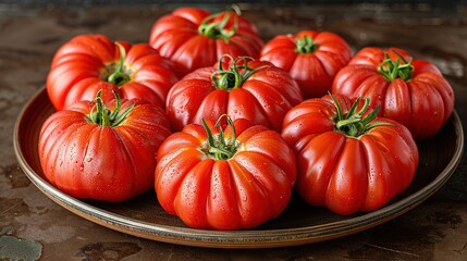   A wooden table is adorned with numerous red tomatoes and water droplets