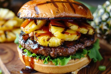 A freshly made cheeseburger with pineapples and onions arranged on a wooden cutting board, A Hawaiian-inspired cheeseburger topped with grilled pineapple, teriyaki sauce, and Swiss cheese