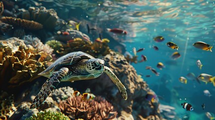 a sea turtle gliding gracefully near a coral reef, myriad of fish in the background, ambient sunlight realistic