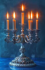 Fototapeta premium Silver Hanukkah menorah gleams with lit candles against a serene blue backdrop, radiating tradition