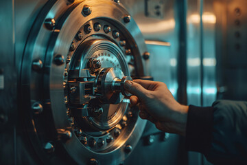 close up of hand opening bank vault