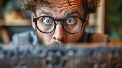 A man with glasses looking at the camera while holding a computer, AI
