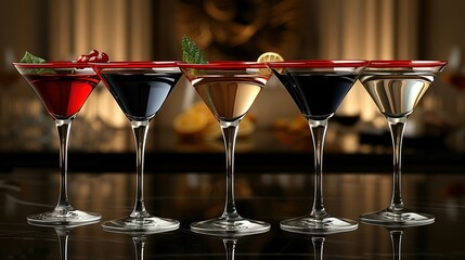   A trio of martini glasses atop a table beside one another