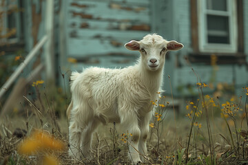 Obraz premium A young goat stands in a grassy field next to a building