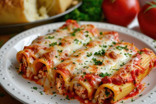 Fresh Plate of Stuffed Manicotti Pasta with Cheese and Chicken. Ready to Cook with Bread