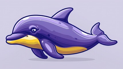   A purple dolphin with a yellow and black nose is floating in the air, mouth wide open