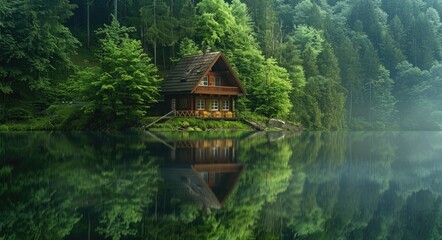Obraz premium Glorious Landscape of a Lakehouse amidst Thick Rainforest with Reflecting Water and Cascading Moss