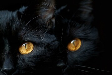 Close-up portrait of a black cat with yellow eyes on black background