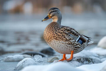 Fototapeta premium A duck stands on ice floating in water