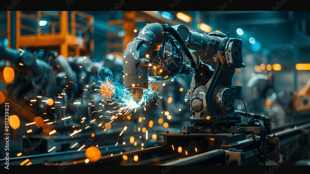 Poster metal manufacturing with modern machinery, automation in welding and cutting. robotic arms and high-