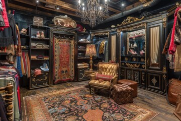 Obraz premium A room filled with furniture featuring a luxurious chandelier hanging from the ceiling, A high-end boutique with designer labels and exclusive merchandise