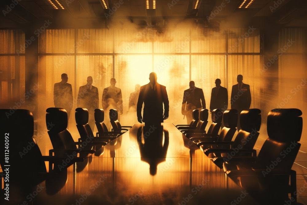 Poster diverse group of professionals discussing business strategies in a conference room, a high-powered c