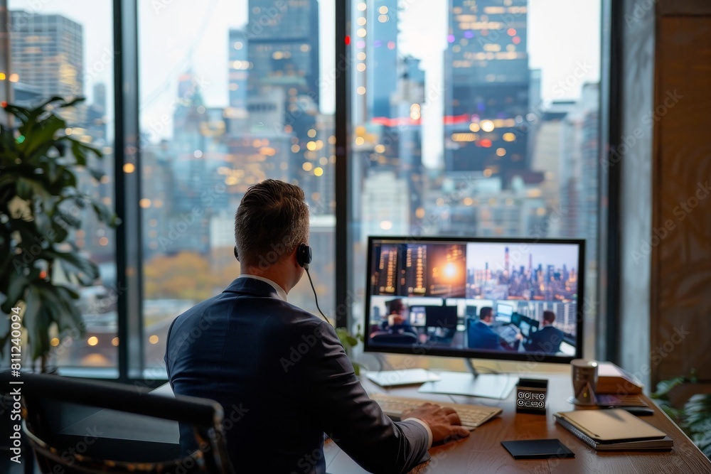 Aufkleber a high-powered ceo is seated at a desk in front of a computer, engaged in a video call discussing co