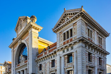 Obraz premium Architectural fragments of Gare du Sud (South Station, 1892), formerly a historic railway station, now a city library and food court. Nice, France.