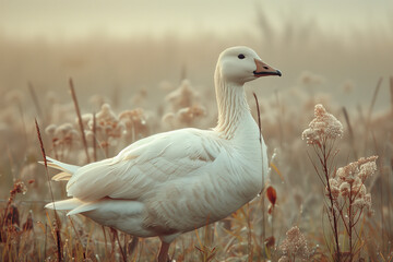 White duck standing on green grass in a field