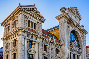 Fototapeta premium Architectural fragments of Gare du Sud (South Station, 1892), formerly a historic railway station, now a city library and food court. Nice, France.
