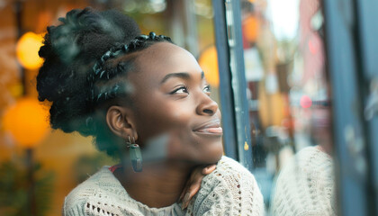 Young black woman looking out the outside happy