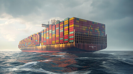Majestic side view of the world's largest container ship as it glides through the ocean waters. Towering above the waves, this colossal vessel showcases its immense size and capacity