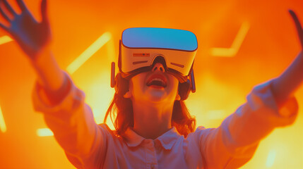 A girl wearing a VR headset, her hands raised in excitement, set against a vibrant orange background