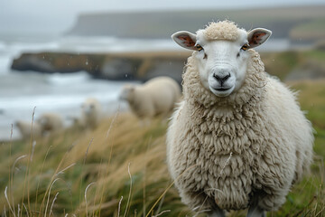 Fototapeta premium A group of sheep standing on a grassy hillside