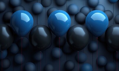Blue and black balloons on a dark background.