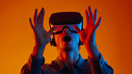 a man wearing a VR headset, his hands raised in excitement, set against a bold orange background. The vibrant hue enhances the sense of adventure as he delves into the virtual realm