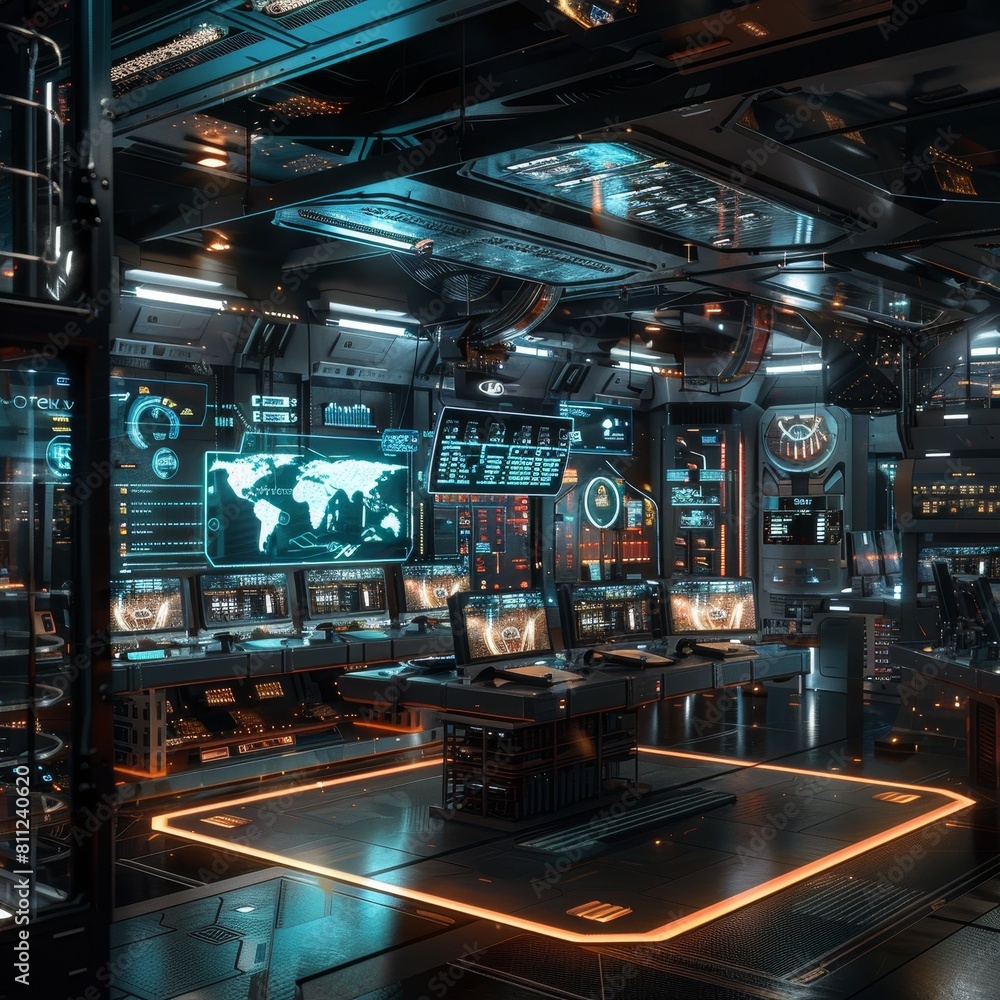 Poster a futuristic office filled with numerous monitors displaying a complex system of data analysis and s
