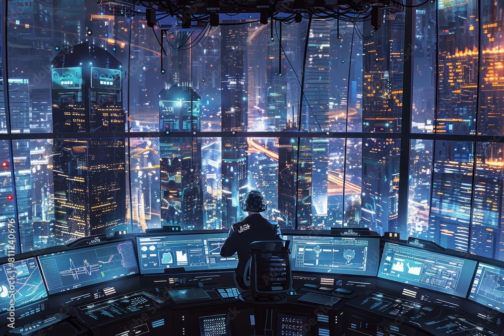 Poster a man seated at a desk, attentively overseeing numerous computer monitors displaying data, a high-te