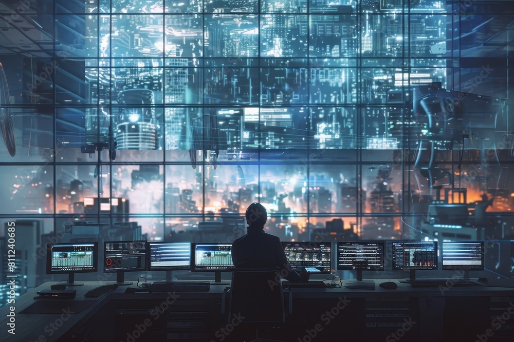 Poster a man sitting at a desk while working on multiple computer monitors, a high-tech command center over