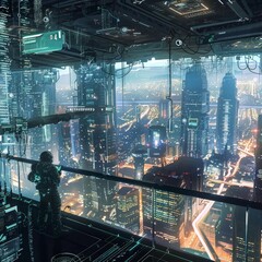 A bustling futuristic cityscape filled with towering skyscrapers and advanced architecture, A high-tech command center overseeing the intricate networks of a modern metropolis