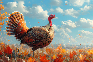A turkey is standing amidst a field of colorful flowers