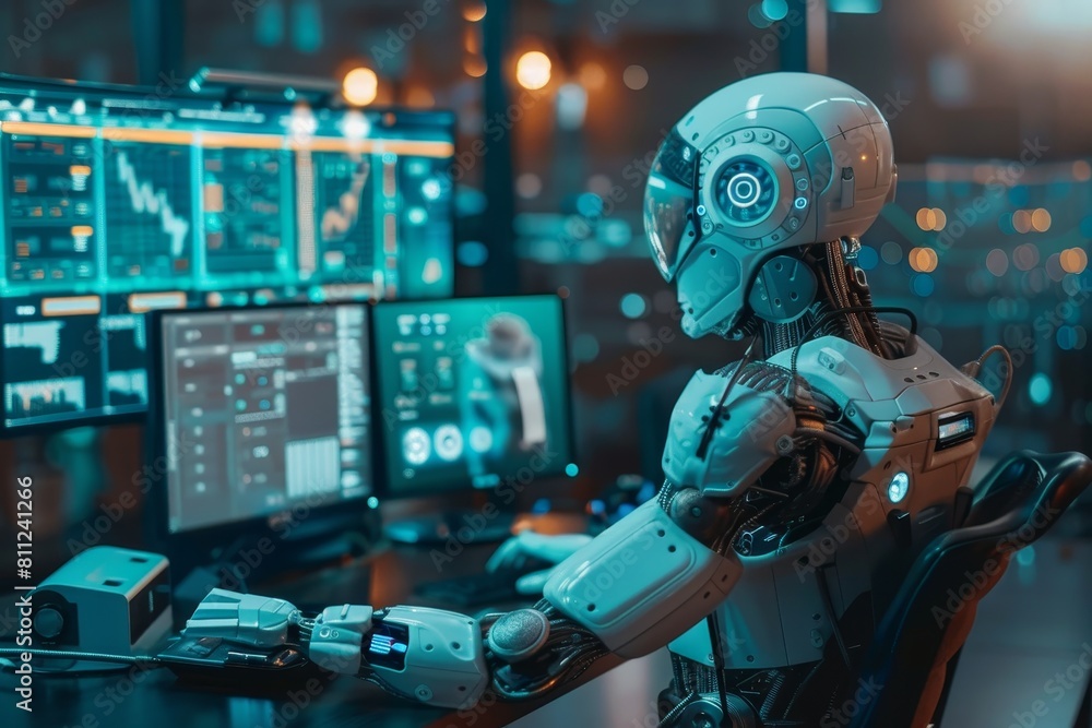 Poster a robot is seated in front of a computer monitor, working on data analysis in a high-tech workspace,
