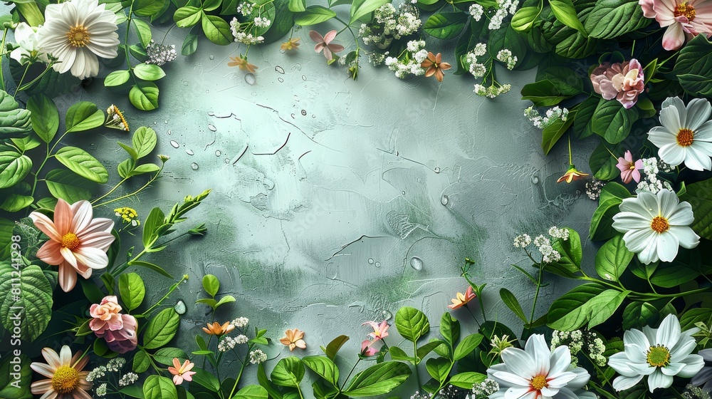 Poster Beautiful spring flowers floral border frame with copy space for text. top view. Generative AI.