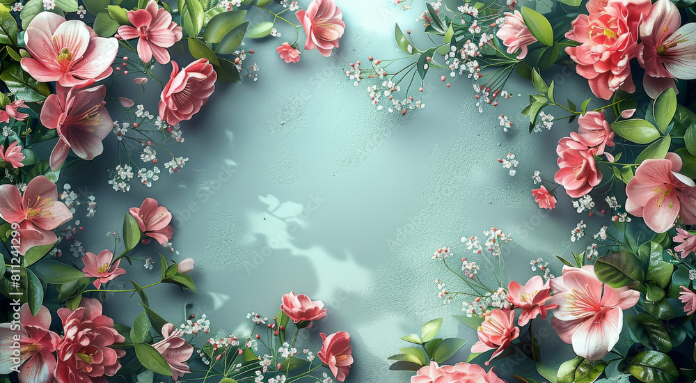 Poster Beautiful spring flowers floral border frame with copy space for text. top view. Generative AI.