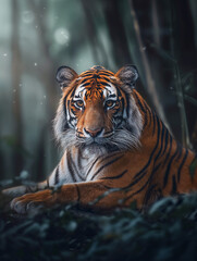 A majestic tiger, basking in the soft glow of twilight, focusing on the face.